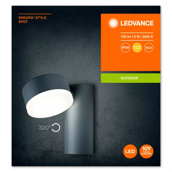 ldv endura style spot rond applique 8w/3000k 440lm ip44 gris ledvance (4058075214095)