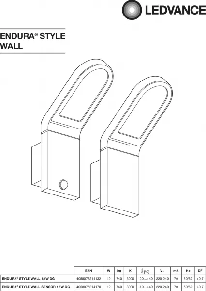 ldv endura style wall s applique 12w/3000k 740lm ip44 sensor gris ledvance (04058075214170)