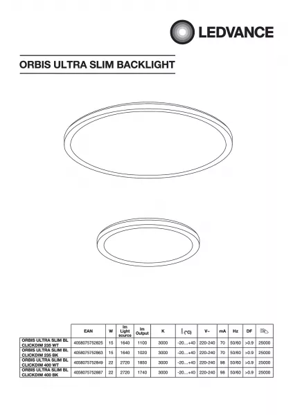 ldv orbis ultraslim 400mm clickdim 22w/3000k 1800lm noir plafionnier ledvance (4058075752887)