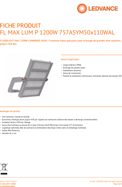 ldv proj fl max lum 1200w/5700k 164000lm 50�x110� ip66/ik08 projecteur ledvance (4058075580695)