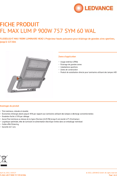 ldv proj fl max lum 900w/5700k 120000lm 60� ip66/ik08 projecteur ledvance (4058075580640)