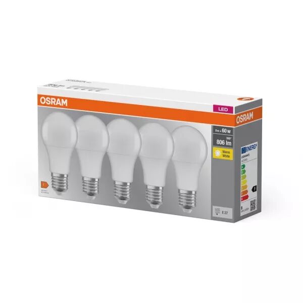 led classic osram base x5 cla60 d�polie e27 8,5 w 827 806lm - lot de 5 (4058075090484)