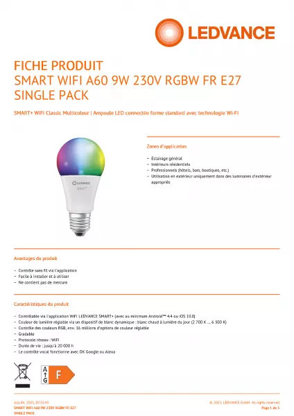 ledvance smart+ wf a60 e27 rgbw 806lm (4058075778450)